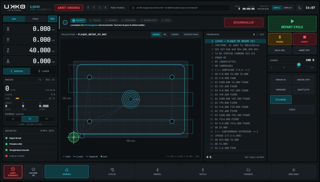 Interface ILMARI : positions X, Y et Z, visualisation de trajectoire, listing G-code, commandes de broche et sécurités.
